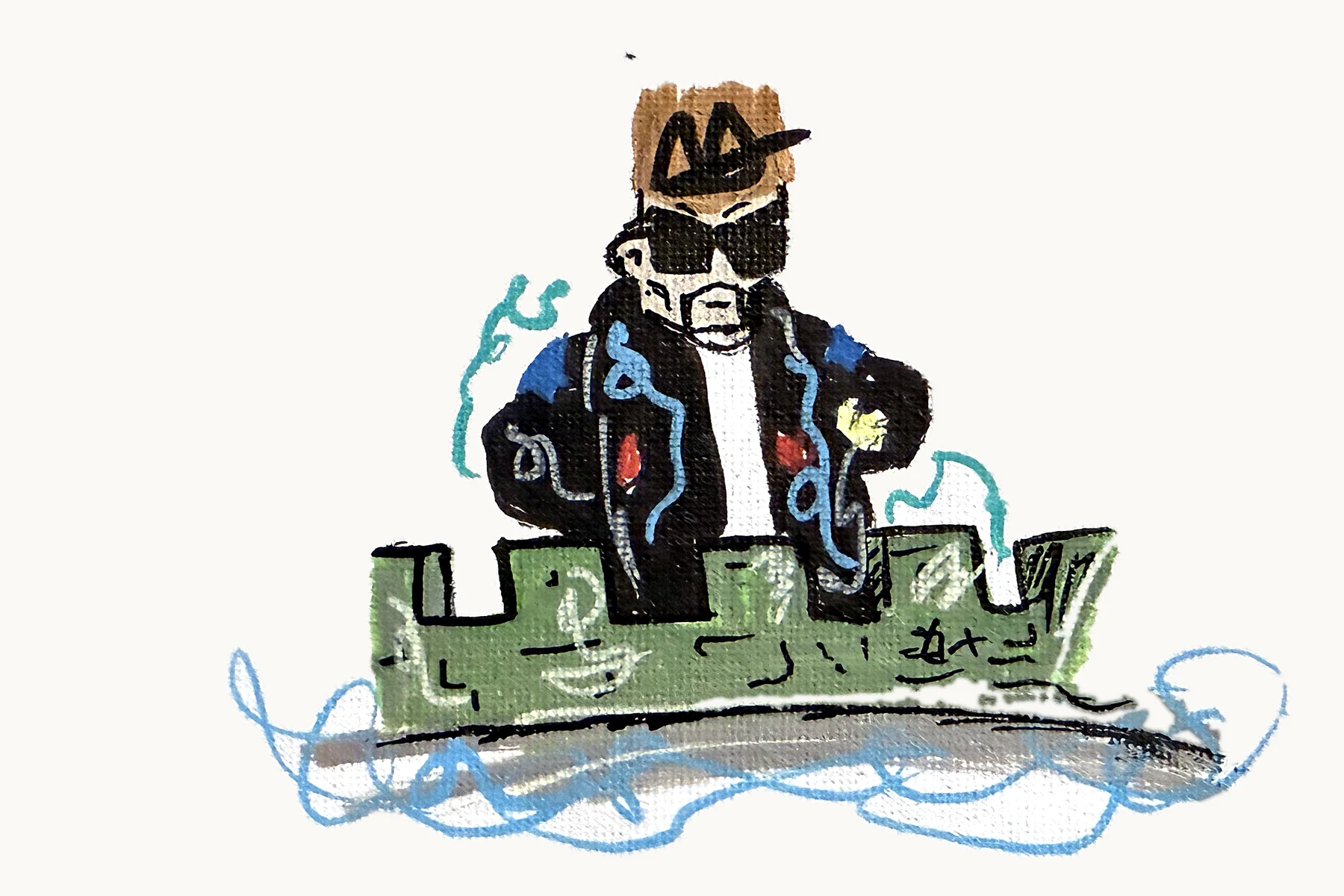 A figure in black sunglasses, a brown bucket hat, and a patterned black jacket standing behind a green castle wall over light-blue scribbled water, on white canvas.