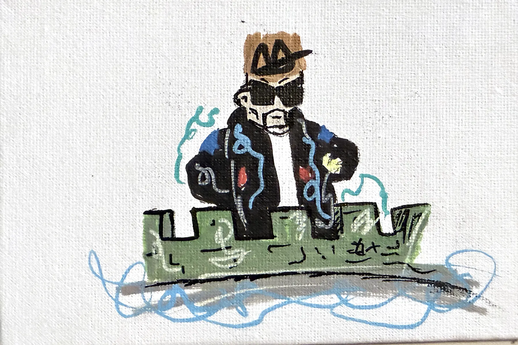 A figure in black sunglasses, a brown bucket hat, and a patterned black jacket standing behind a green castle wall over light-blue scribbled water, on white canvas.