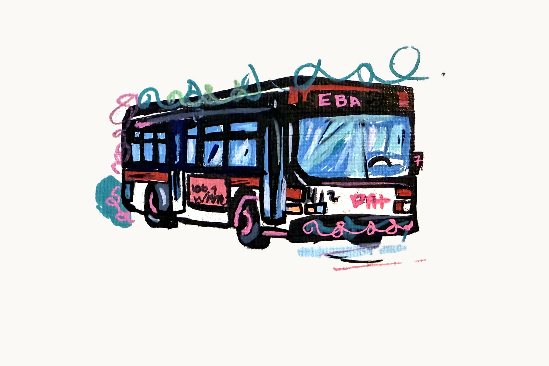 A red, black, and white PAT bus marked EBA, drawn in thick black outline with loose teal and pink scribbles, on white canvas.