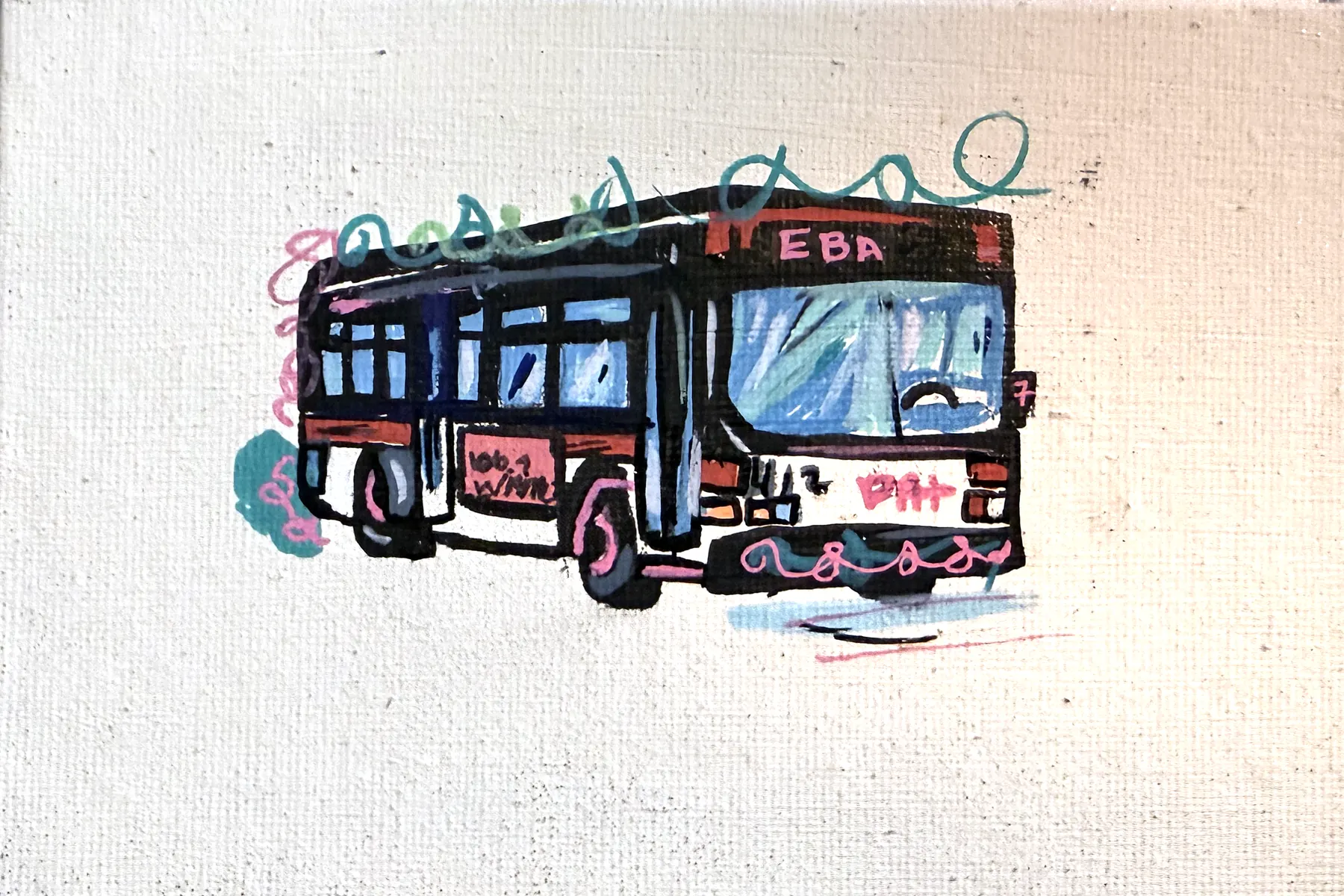 A red, black, and white PAT bus marked EBA, drawn in thick black outline with loose teal and pink scribbles, on white canvas.