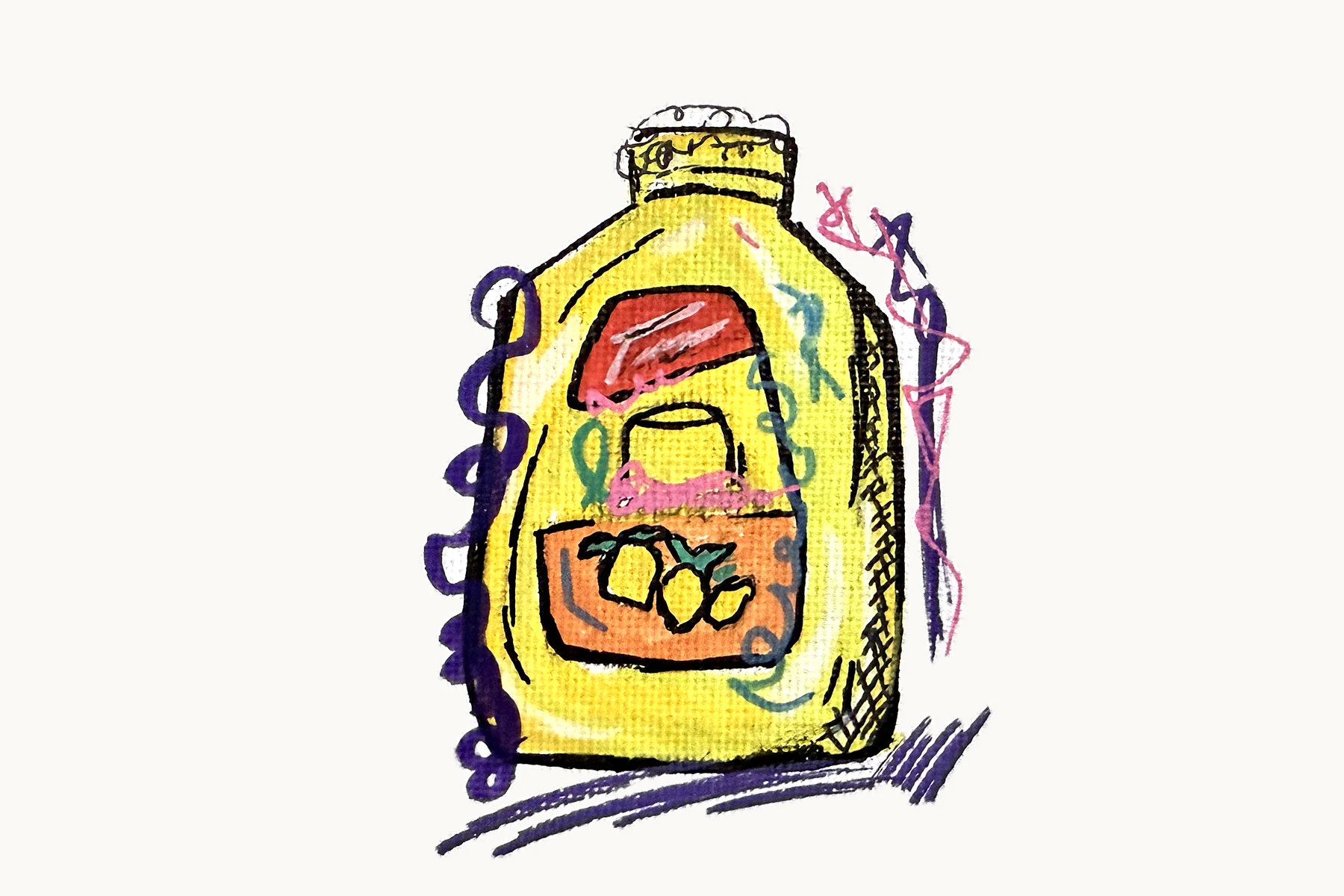 A yellow jug of lemonade with a red and orange label showing lemons, sketched over with purple and pink scribbles, on white canvas.
