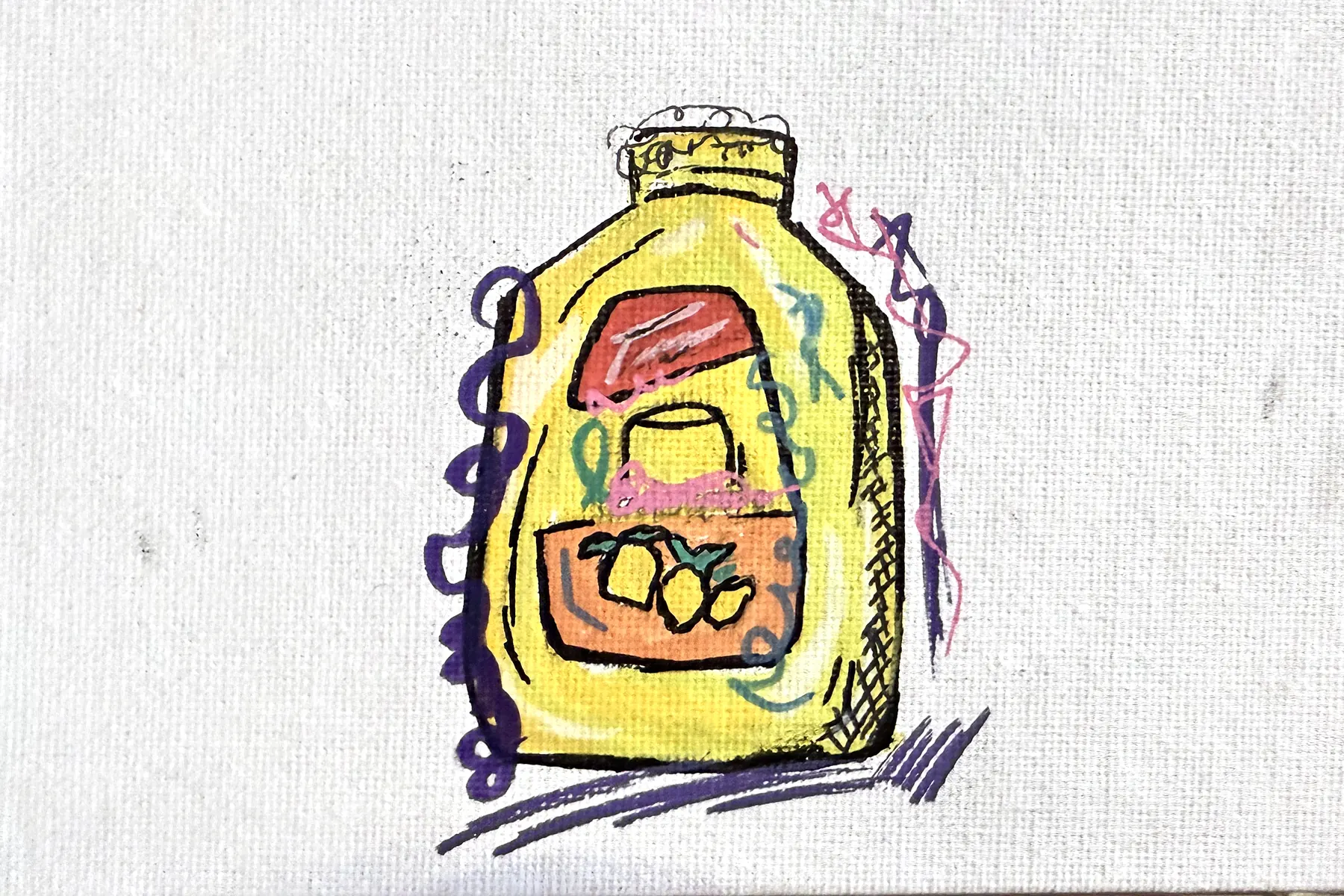 A yellow jug of lemonade with a red and orange label showing lemons, sketched over with purple and pink scribbles, on white canvas.