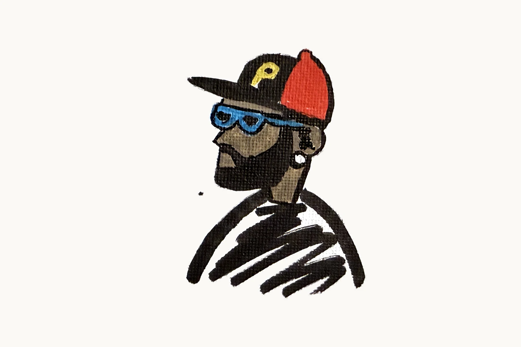 Profile of a bearded man in a black and red cap with a gold P and blue sunglasses, his shirt drawn in quick black strokes, on white canvas.