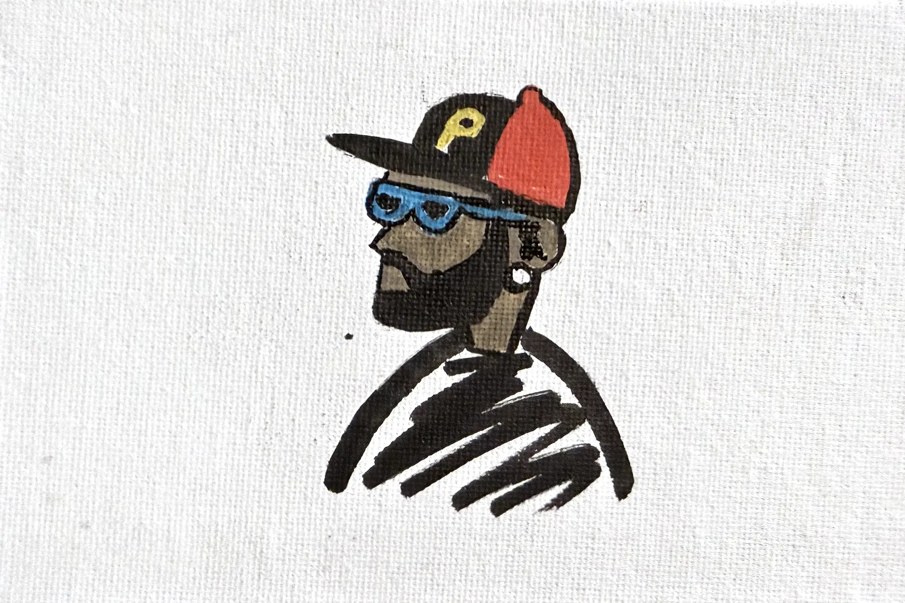 Profile of a bearded man in a black and red cap with a gold P and blue sunglasses, his shirt drawn in quick black strokes, on white canvas.