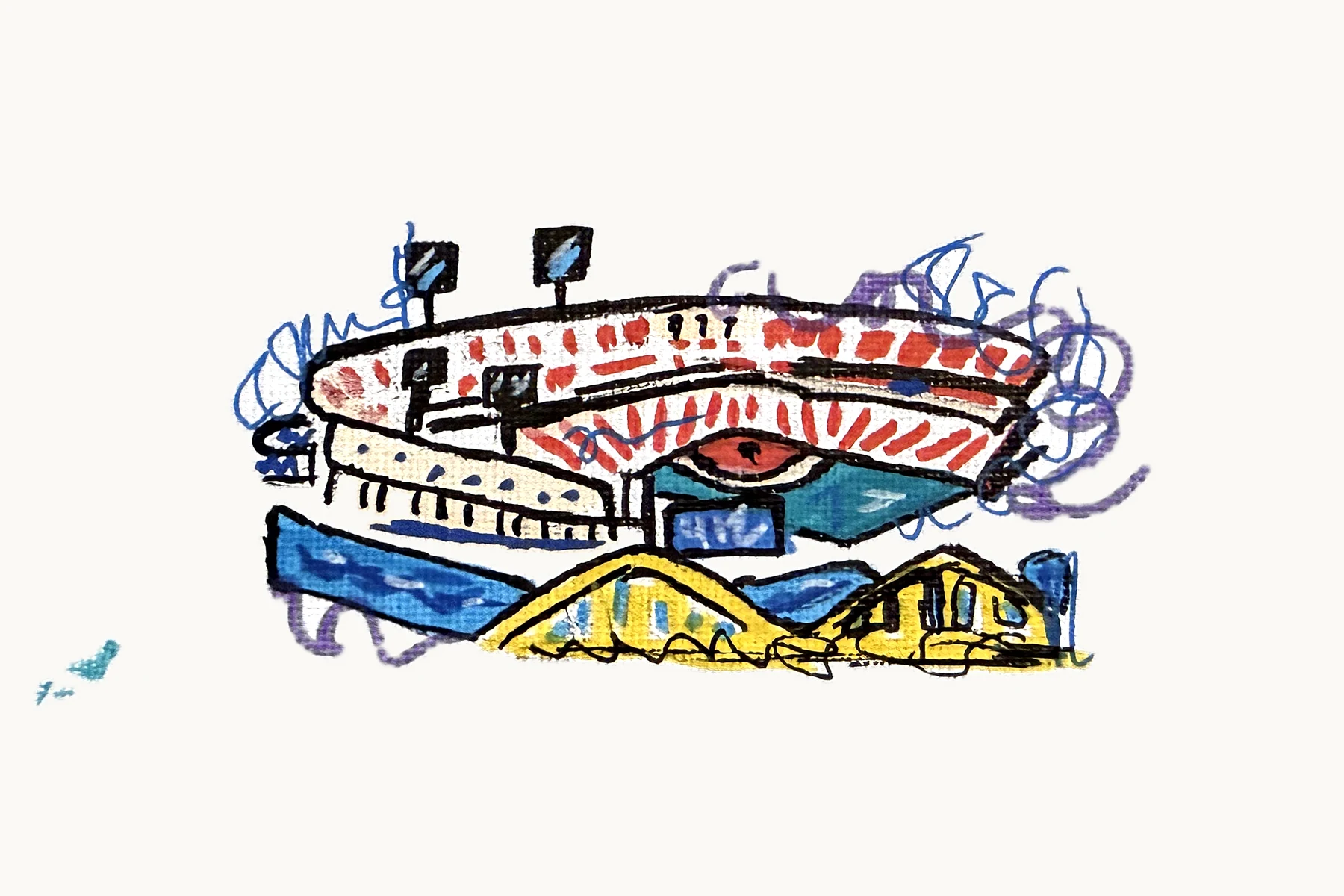 A round stadium with light towers above blue water and two yellow bridges, outlined in black with purple scribbles, on white canvas.