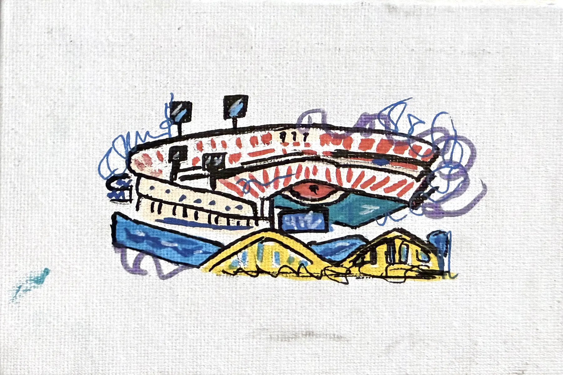 A round stadium with light towers above blue water and two yellow bridges, outlined in black with purple scribbles, on white canvas.