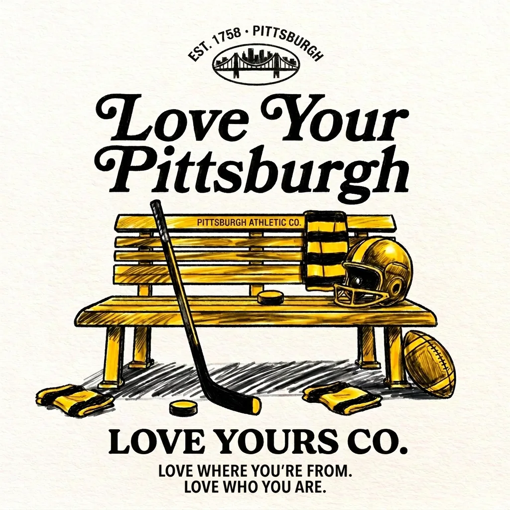 The Love Yours tee design: a gold park bench with a hockey stick, helmet, and football under the words Love Your Pittsburgh